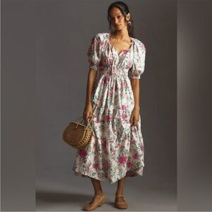 Anthropologie The Somerset Maxi Dress: Puff-Sleeve Edition Tiered Pockets Cotton